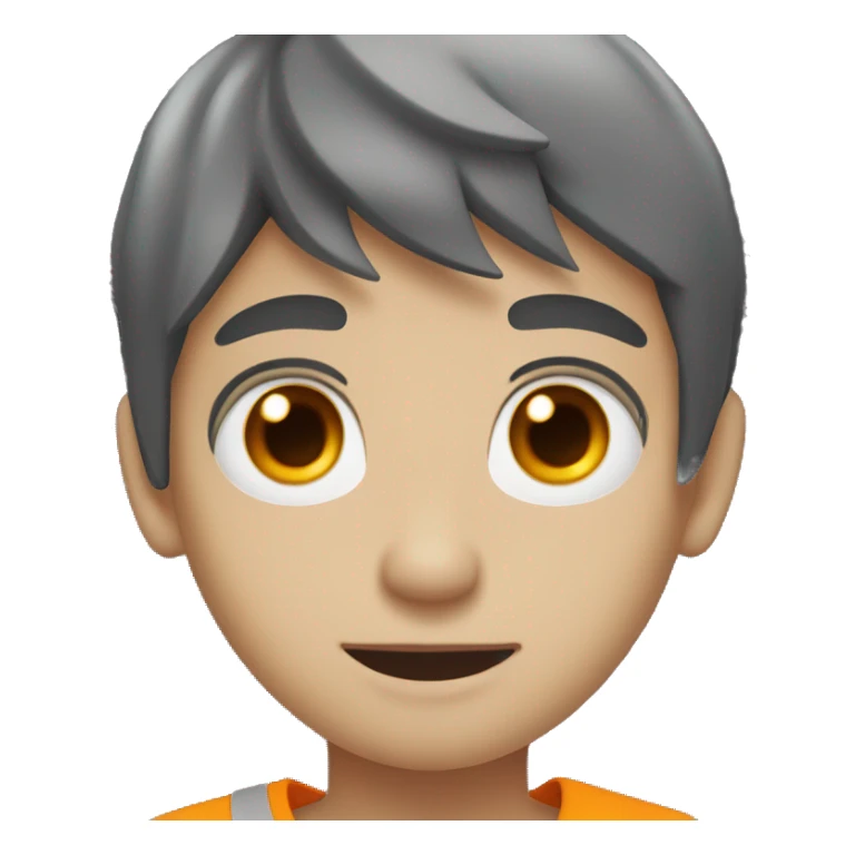 grey boy with orange horns, pointed teeth, yellow eye whites, and black hair sticker