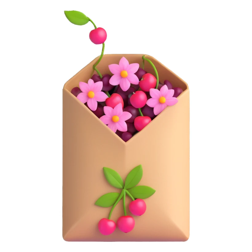 A tea bag with pink flowers and cherries sticker