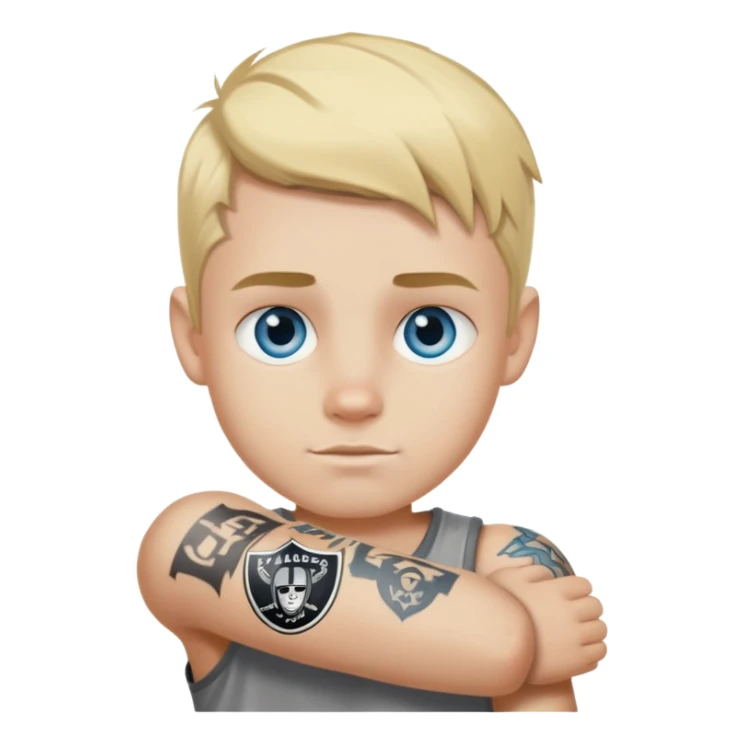 blue-eyed blonde boy with raiders arm tattoo sticker