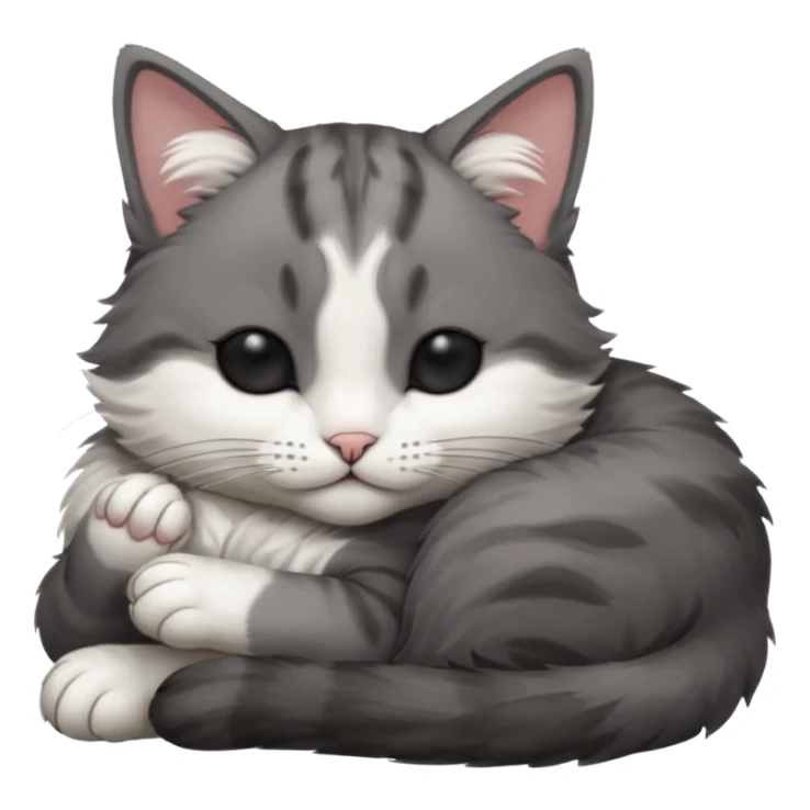dark grey and white small cat with his eyes closed leaning his head on his paw while lying down sticker