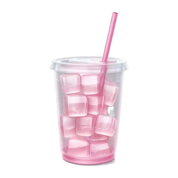 Realistic see through plastic cup and lid with half full Transluscent light pink soda,straw and large ice cubes inside. sticker