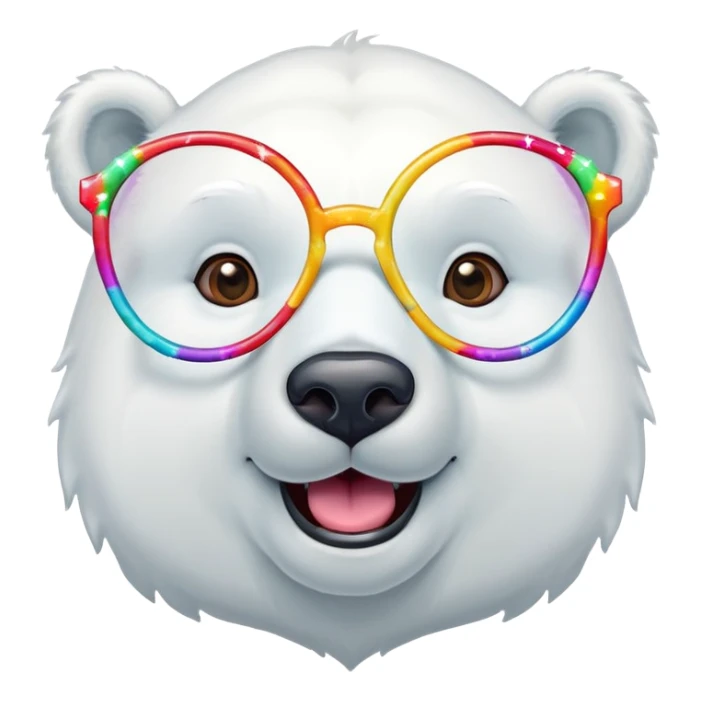 head and shoulders of a friendly anthropomorphised polar bear smiling, wearing large multicolored star-shaped glasses sticker
