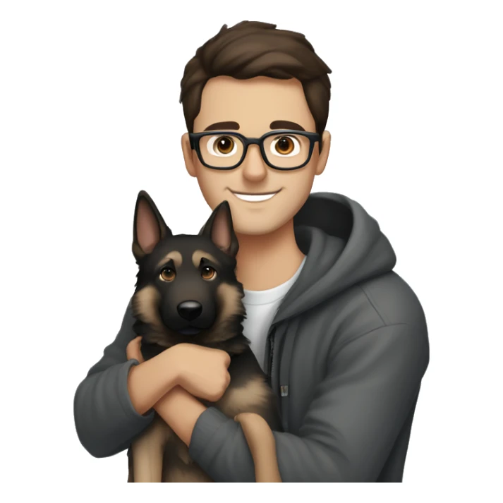 a handsome guy (dark brown hair, with light  blue colour eyes, thin stylish black glasses with hoodie) hugging a grey colour german shepherd with brown eyes) sticker