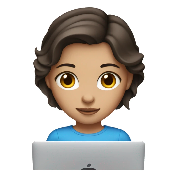 A brunette girl, blue eyes, works on a MacBook sticker