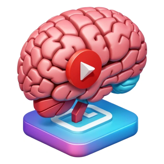 3D icon design, brain with YouTube play button symbol integrated into brain structure, glassmorphism style, soft shadows, gradient colors, modern app icon aesthetic, isometric view sticker