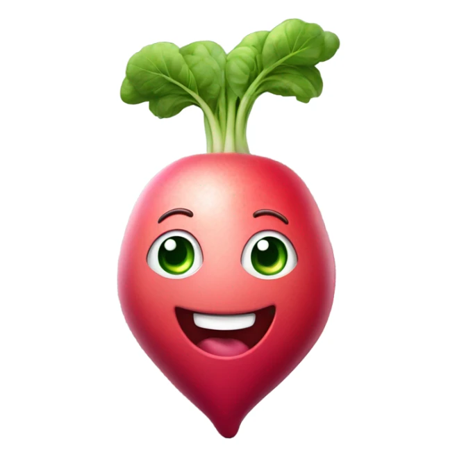 3d Smiling radish with big expressive eyes, rosy cheeks, and green leaves on top. Bright and cheerful cartoon style. sticker