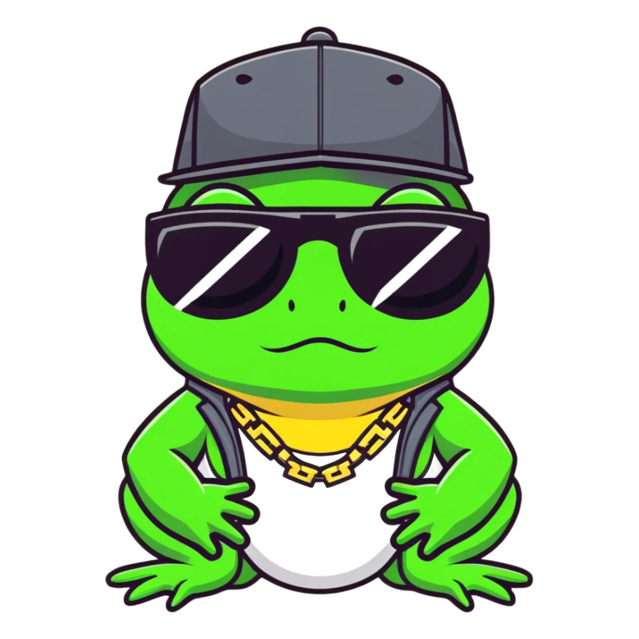 thug life frog with pixelated black sunglasses, gold chain, snapback hat, tough gangster pose sticker