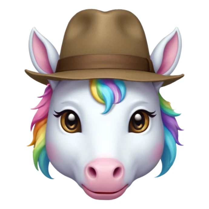 unicorn face cute wearing fedora, horn piercing through the hat looking in the camer sticker