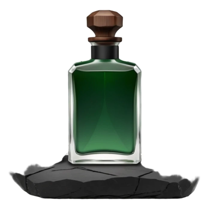 A masculine fragrance bottle featuring a gradient of deep forest green to charred black glass. The cap is made of dark walnut wood. The bottle is placed on a jagged piece of slate rock with a faint mist in the background. Earthy, moody, textured, photorealistic. sticker