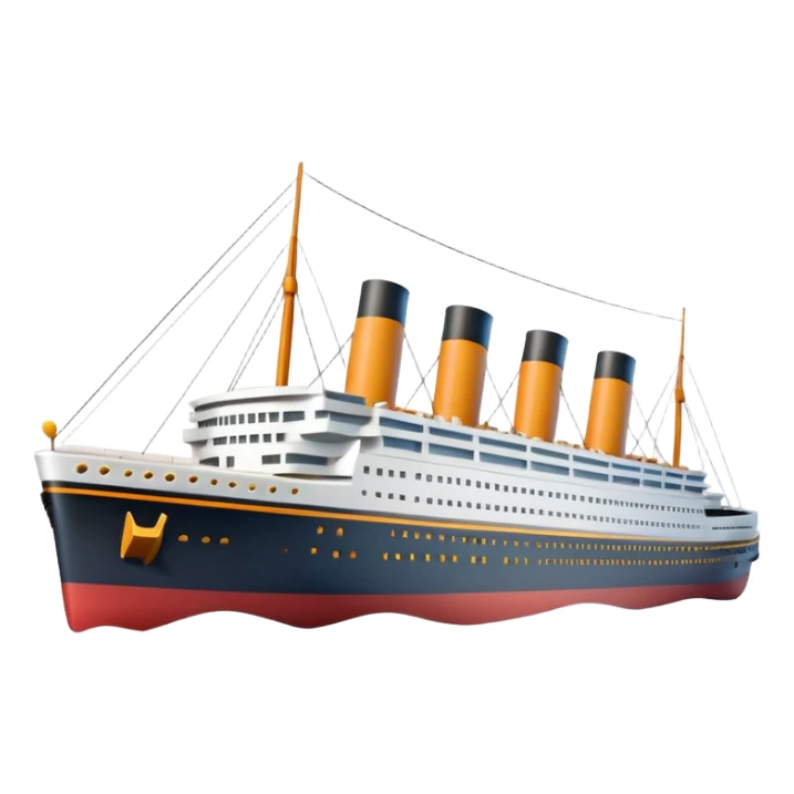 A 3D emoji of a Titanic ship in Apple style, glossy and smooth surface, bright clean colors with subtle shading, simple and minimal details, no face or expressions, floating on calm ocean, soft shadows, high-quality render, isolated on white background.


 sticker