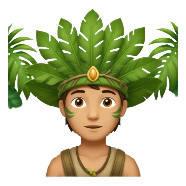 a young man explorer with jungle wearing a large leaf headgear bye  sticker