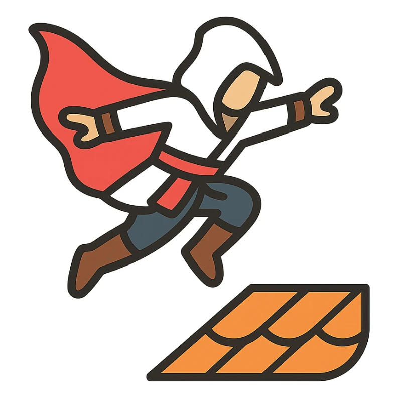 assassin's creed character leaping from a rooftop, cape flowing, minimalist, rounded, soft lines, simple shapes, Airbnb icon style sticker
