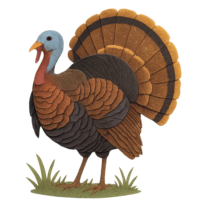 Eastern Wild Turkey standing in grass, delicate paper layers, realistic feather patterns, subtle color variations, fanned tail sticker