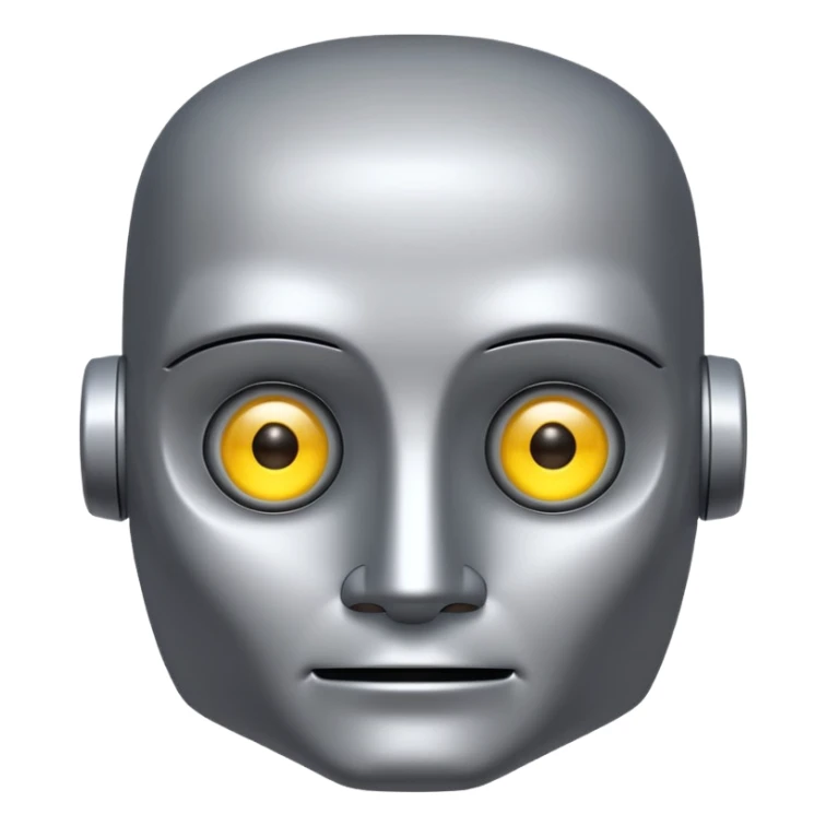 Silver robot with a square head, no hair, yellow eyes without pupils, thick moustache, wearing a tuxedo, buff sticker