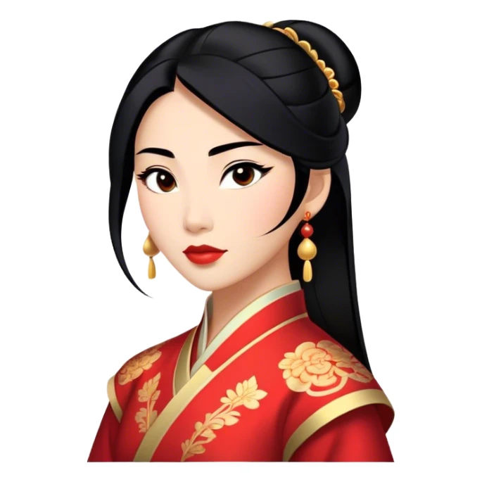 Cinematic Majestic Mulan Portrait Emoji, rendered in a clean, vector-style with bold, simplified shapes. Depict Mulan with a serene, noble expression, warm light skin, and neatly styled black hair, dressed in traditional attire featuring subtle red motifs and gold trim. The image glows with a calm, majestic aura, high shine, and a soft glowing outline, embodying classic elegance. sticker