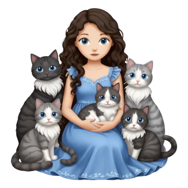 detailed realistic looking a dark grey and white cat regally sitting with six other cats, cuddling with their owner who is a pretty bratz lightly tanned white girl with long dark brown hair, blue eyes and gorgeous long wavy hair wearing a pretty detailed dress sticker
