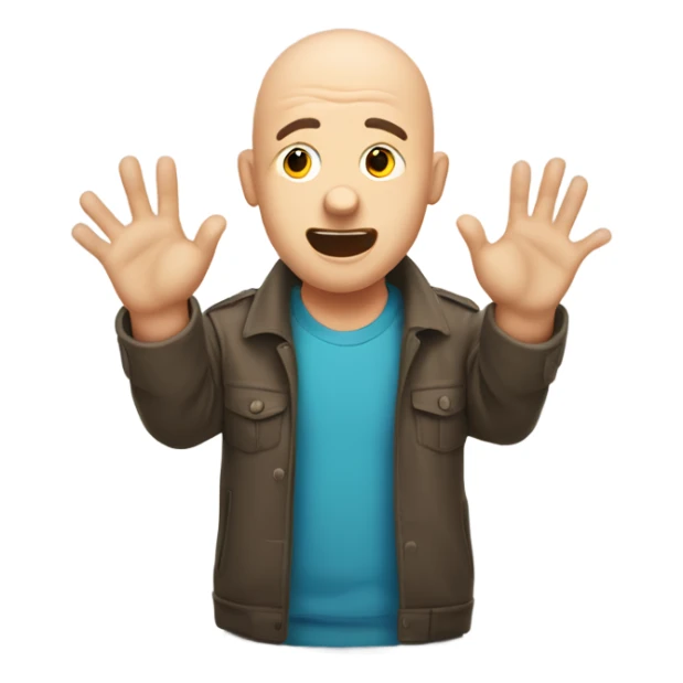 bald guy with surprised face with hands up besides his head but they’re palm facing down  sticker