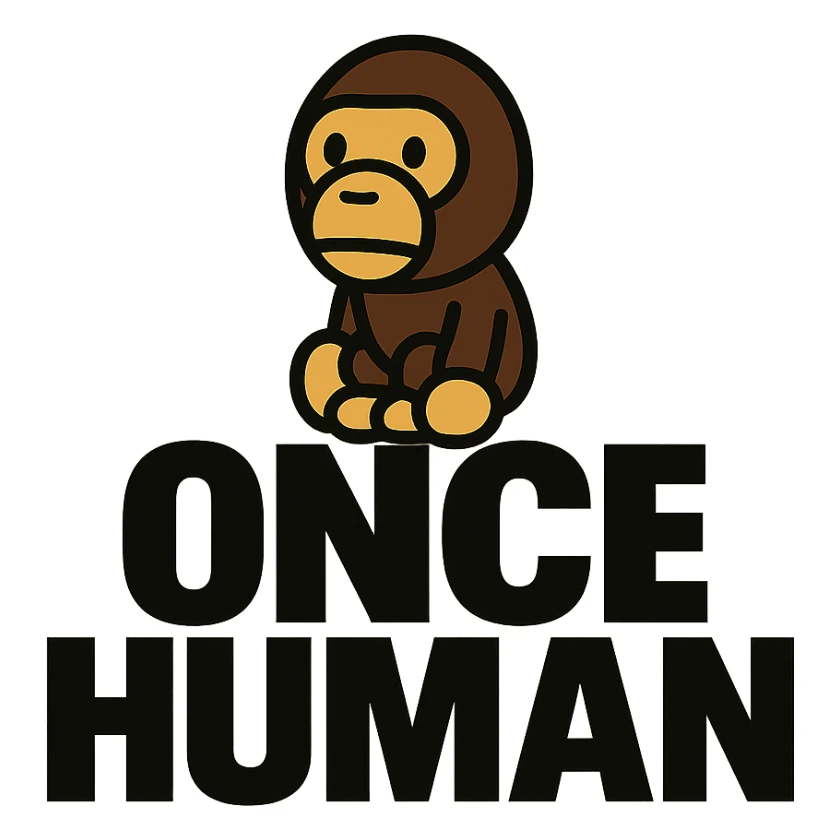 a clean and bold logo featuring the text 'Once Human' with a BAPE-style ape character sitting on top, suitable for branding sticker
