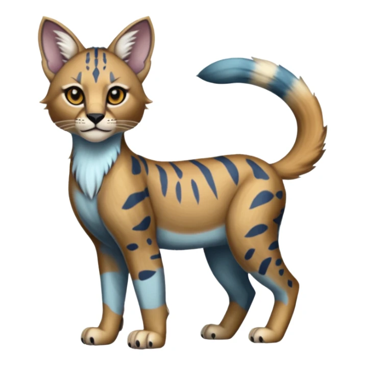 Realistic patterned marked edgy cute cool bluish greyish blackish whitish silvery Shiny Colorful Dusky Dark Glossy Genet-Caracal-Lion-Bobcat-fusion-animal-hybrid-creature, full body, tufted ears, long thin tufted tail sticker