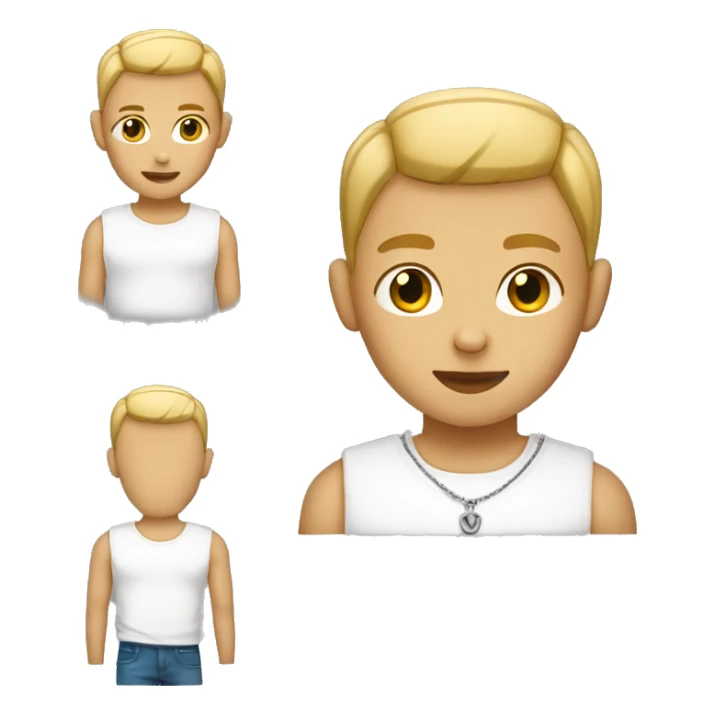 Boy with a buzz cut (blonde) and with a white t-shirt wearing a chain sticker