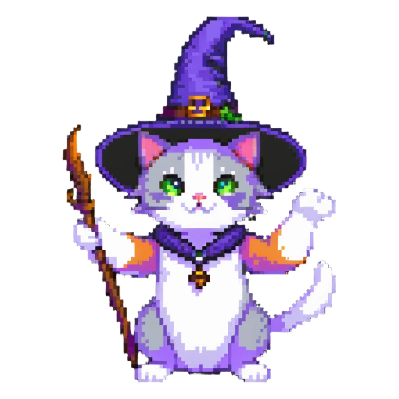 witch cat with a visible paw, cat wearing a witch hat, casting a spell sticker