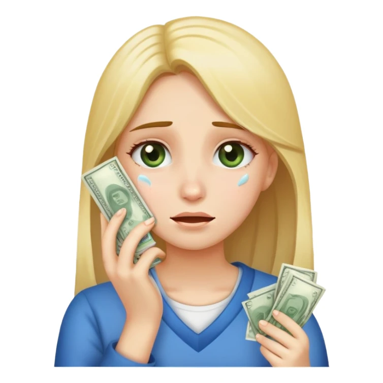 Girl wiping tears with money sticker
