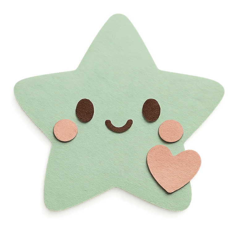 A cute pastel green star with a tiny pastel heart, no limbs, full body, transparent background, in kawaii paper craft style. sticker