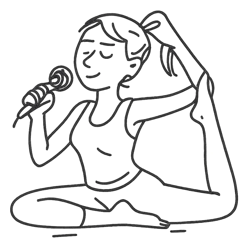 woman doing yoga with a microphone hand drawn outlined icon sticker