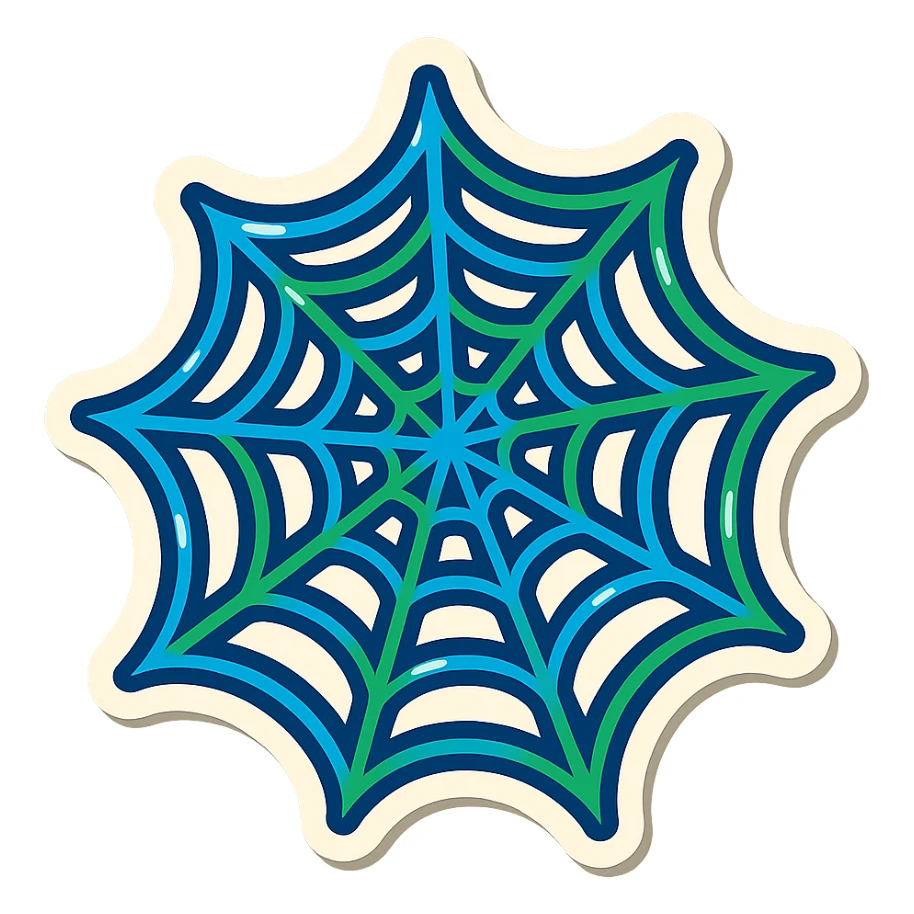 a creative spider web with blue and green colored outlines (no gradient), expressive shadows and highlights, transparent spaces between the web strands, blue and green lines in a spiral or radiating pattern, no fill between the lines, playful and bold sticker