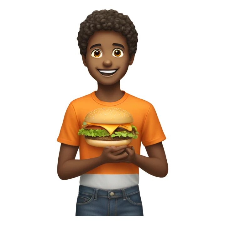smiling boy with orange shirt eating burger  sticker