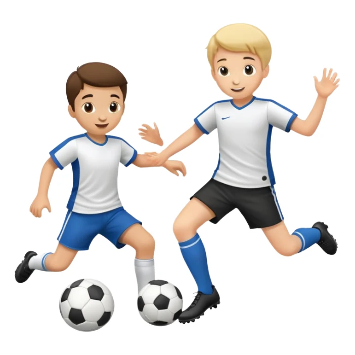 two children playing soccer, one kicking the ball, happy and playful sticker