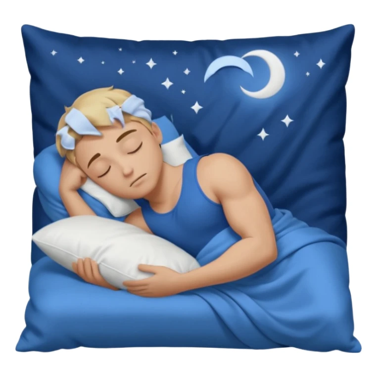 “A young muscular male with short dark-blonde hair and medium-light skin, wearing blue cloth. He sleeps on his side, holding a soft white pillow, his head on a smooth blue pillow. A sleeping symbol floats above him in the dark, nighttime scene. A flowing blue blanket with silky folds covers him. sticker