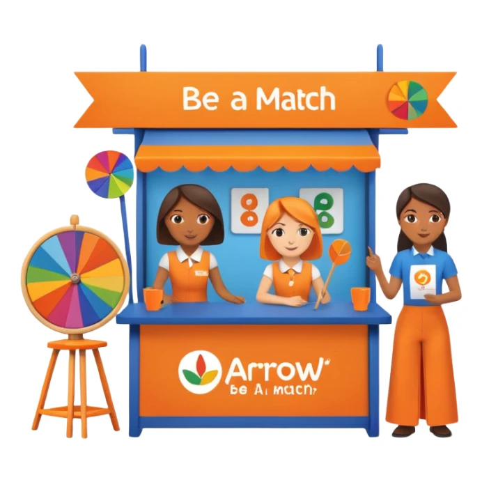 emoji of a recruitment booth. Two cartoon figures stand behind an orange table with 'MARROW, be a match' branding, a colorful spinning wheel, and a branded vertical banner. Simplified and cute. No fruit sticker