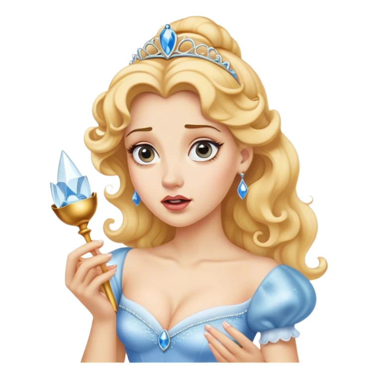 Cinematic Funny Cinderella Portrait Emoji, Stunned expression as she holds a glass slipper much too big, one eyebrow raised, golden curls slightly messy, a mix of royal grace and unexpected humor, capturing a lighthearted twist on her fairy tale moment! sticker