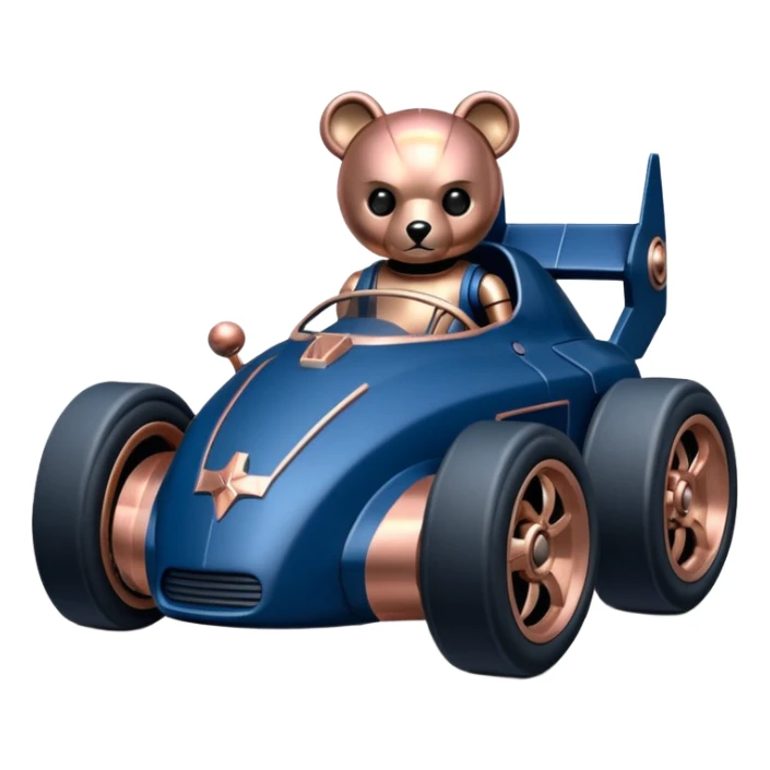  Space-weathered/Carbonized Metallic dark blue and rosegold-accented  racing car for furry-faced  evil alien scary robot teddy bear with rear spoiler (Star Wars style) sticker