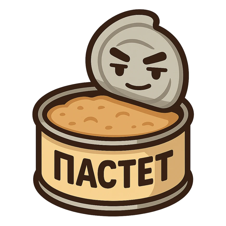 Minimal chibi open pâté tin can, visible pâté, masculine expression, confident calm face, thick black outline, flat colors, strong contrast, emoji sticker style, no background, 28px readable, Twitch emote, Cyrillic text "ПАСТЕТ" sticker