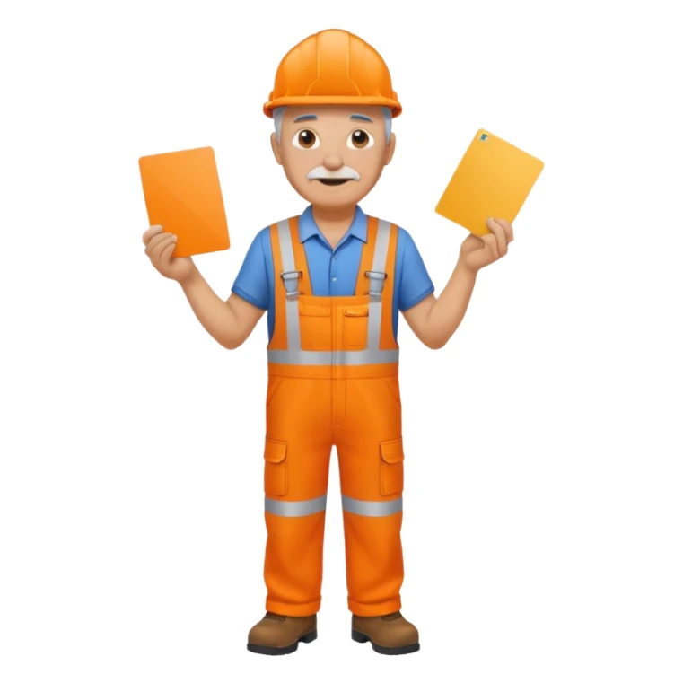 older engineer hi-vis orange overalls standing full body holding a card sticker