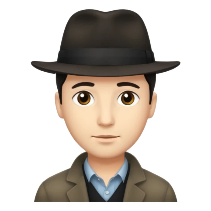 A light-skinned man with short dark hair, and a black fedora, with an oval face and calm look. sticker
