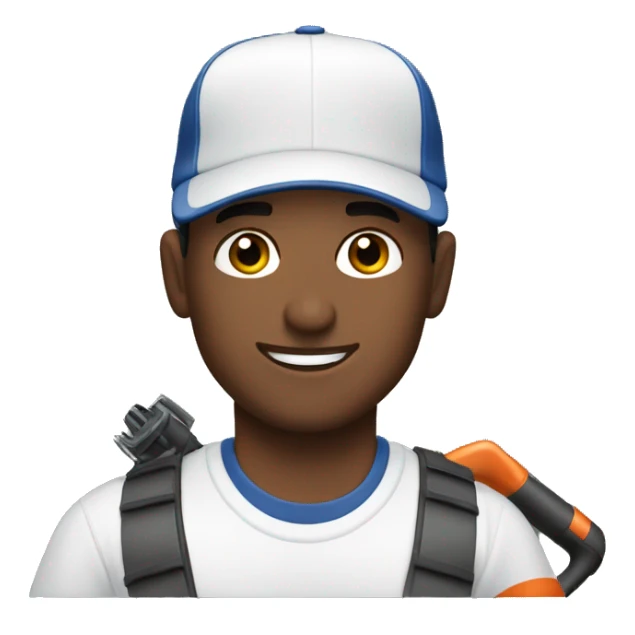 Brunette man with brown eyes and baseball hat holding a leaf blower sticker