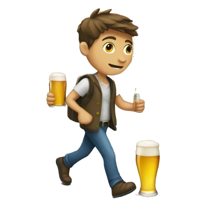 European boy walking down street holding a beer sticker