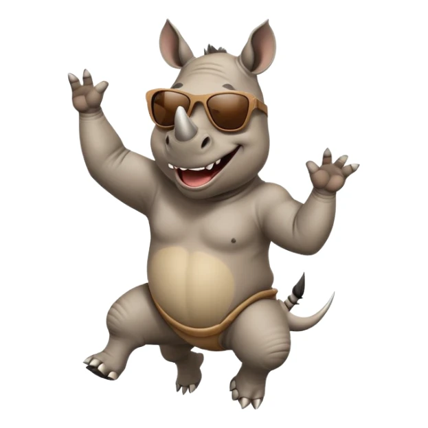 friendly anthropomorphised rhino jumping with excitement, wearing dark sunglasses, standard pose sticker