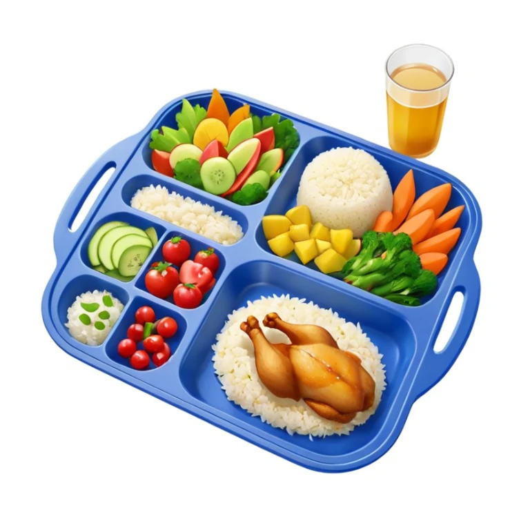 colorful meal tray on table, top view, canteen atmosphere sticker