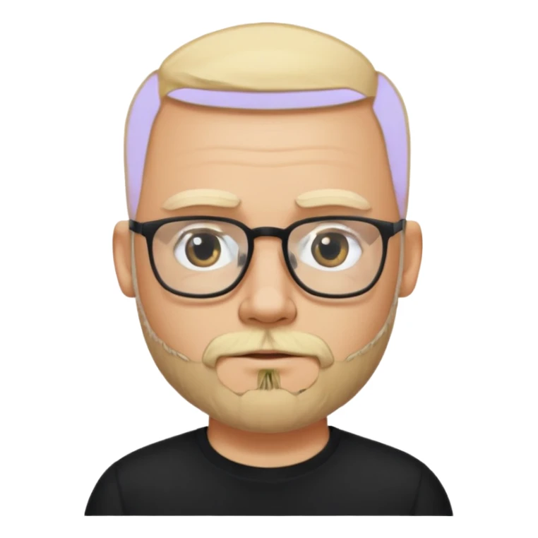 bearded blonde bald man with eyeglasses with black shirt sticker