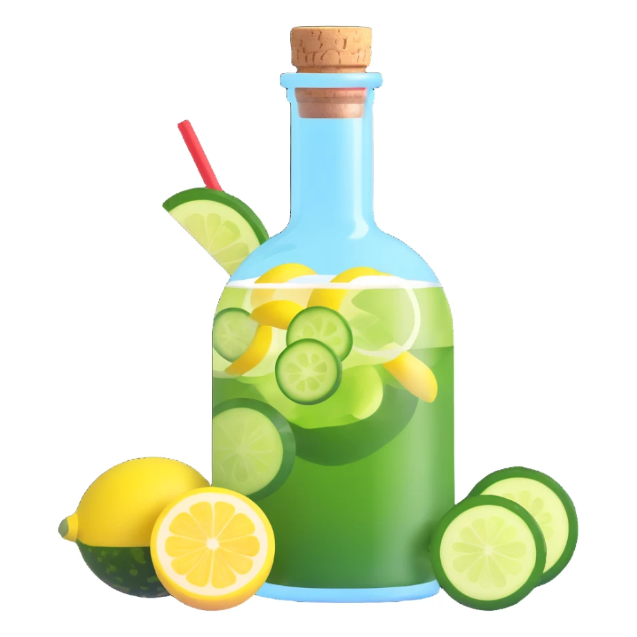 stylish 3D cocktail in a round bottle with a very small neck and cork, liquid color #6fdef1, inside cucumber slices, lemon slices, and ice cubes, realistic, colorful, visually stunning sticker