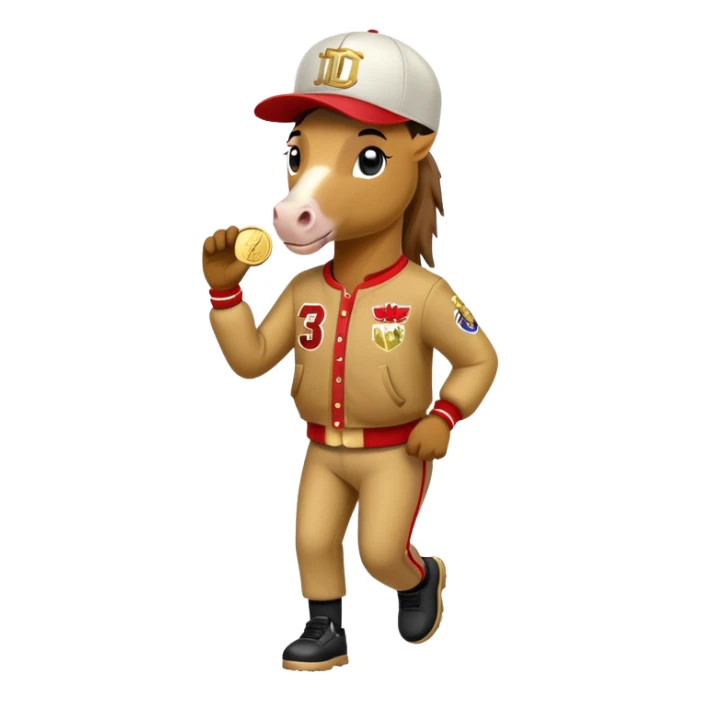 friendly anthropomorphised horse in RUN DMC style outfit, gold medal, baseball hat sticker