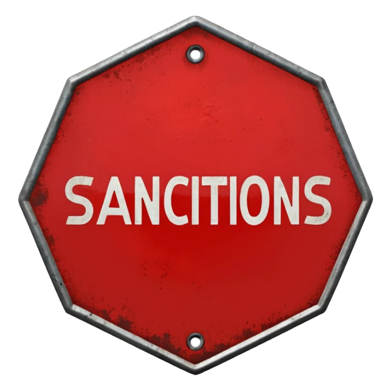 red, road sign, hexagonal, with the inscription SANCTIONS sticker