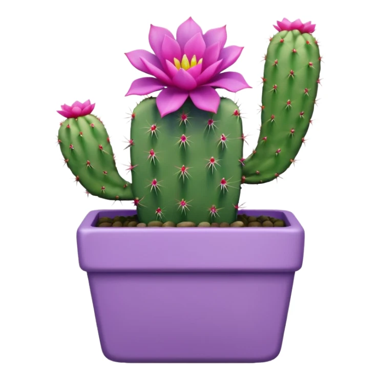 One ceramic pot in pastel violet, square, and tall, containing a flowering cactus. sticker