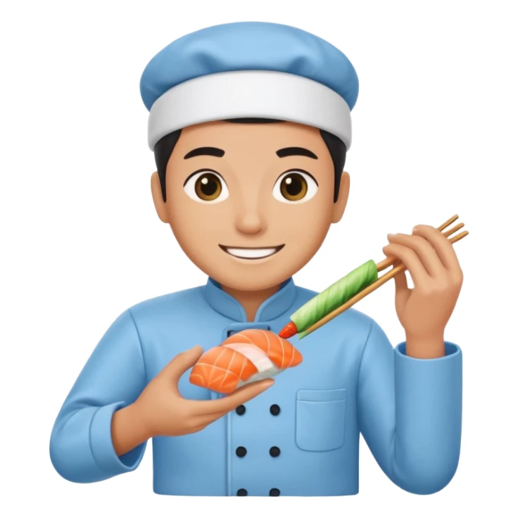 Sushi master making sushi, In a light blue (#a8d6f3) clothes sticker