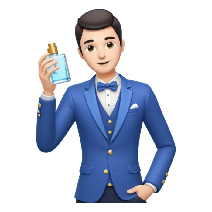 stylish man spraying perfume, holding a perfume bottle, mist spray in the air, elegant pose, 3D cartoon, mobile game icon style, clean background, no text, no watermark

 sticker