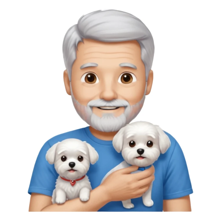 handsome gentleman, 60 years old, silver hair short, full beard, wearing a blue t-shirt, smiling and holding a maltese dog sticker